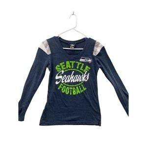 NFL Seattle Seahawks T-Shirt Women's MED Blue Graphic V-Neck Long Sleeve Stretch